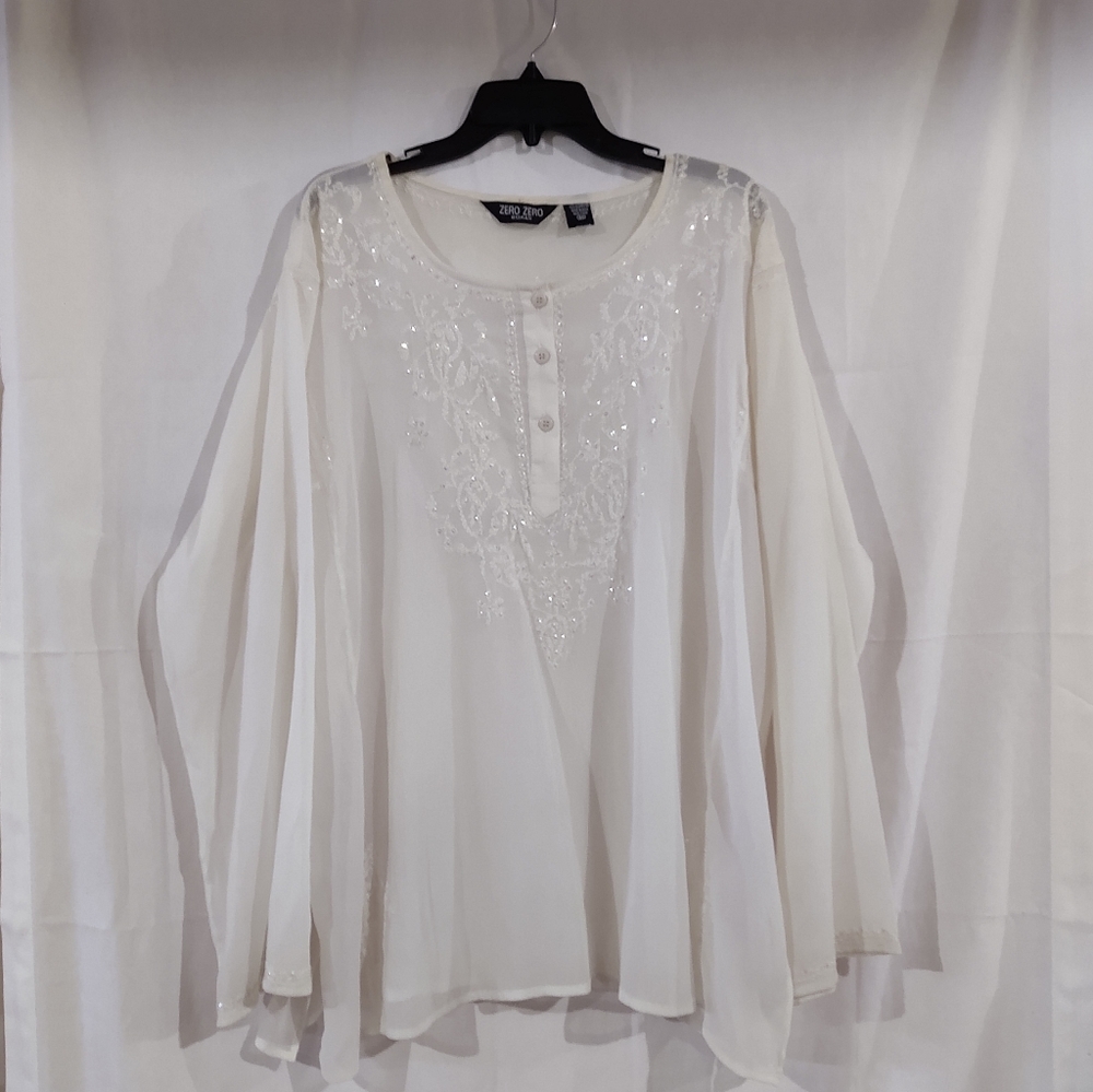 Zero Zero Women's Off White Sheer Dressy Embellished Blouse Size 3X